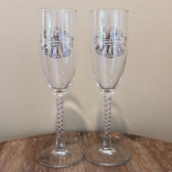 Silver Wedding Anniversary Set of Two Stemmed Glasses. Champagne Flutes - Picture 1 of 17